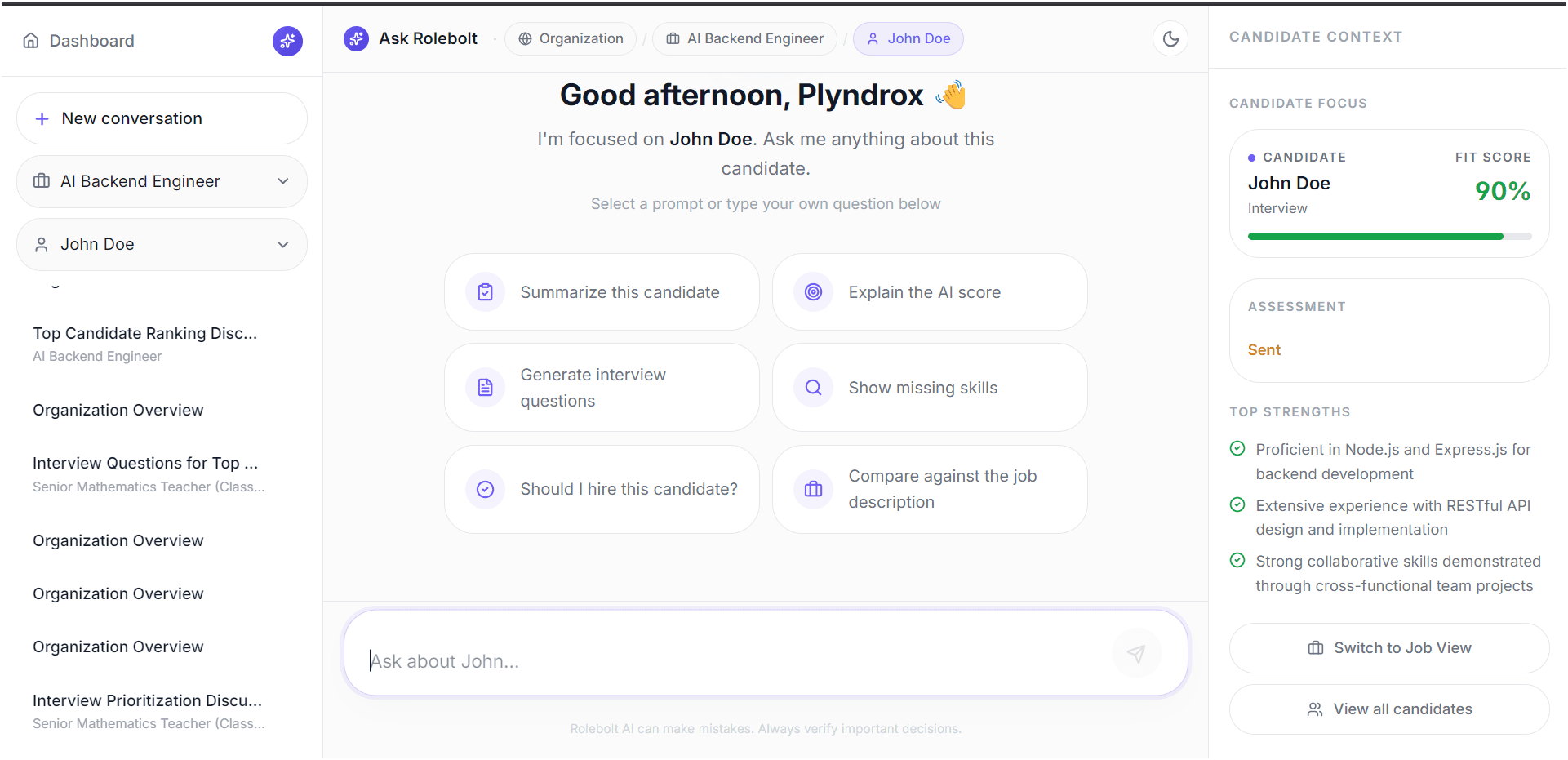 Ask Rolebolt AI Copilot chat, focused on a candidate with a 90% fit score