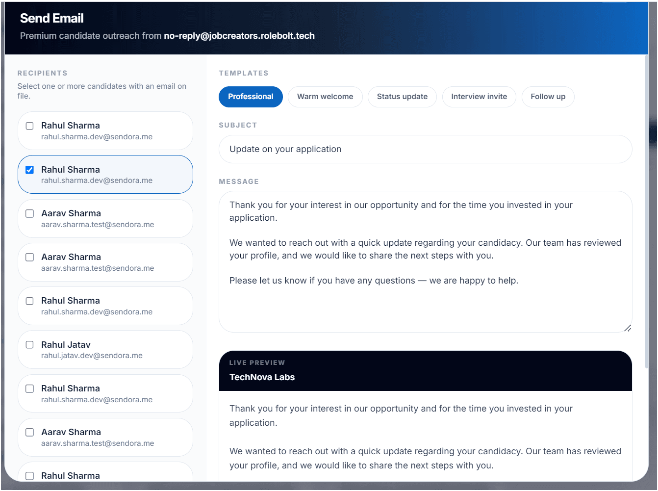 Rolebolt recruiter email outreach and candidate communication