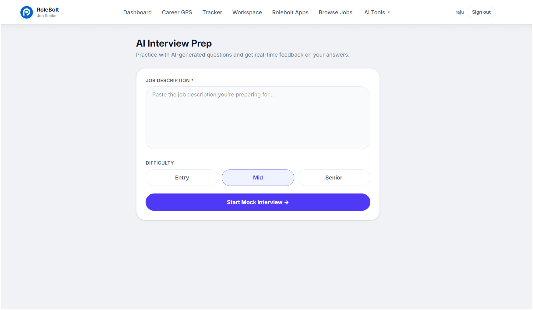Rolebolt AI interview preparation practice screen