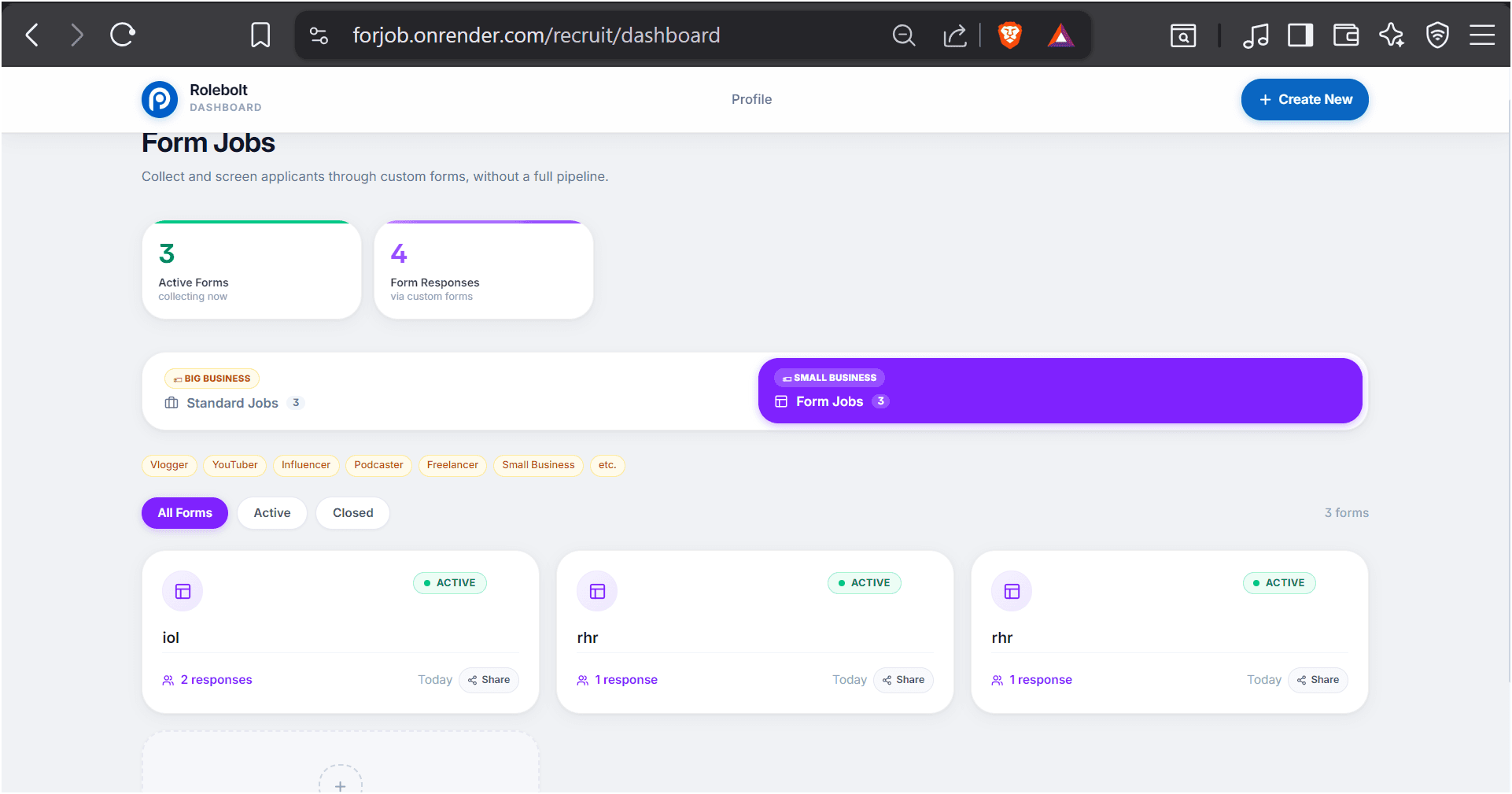 Rolebolt form jobs workspace for structured applications