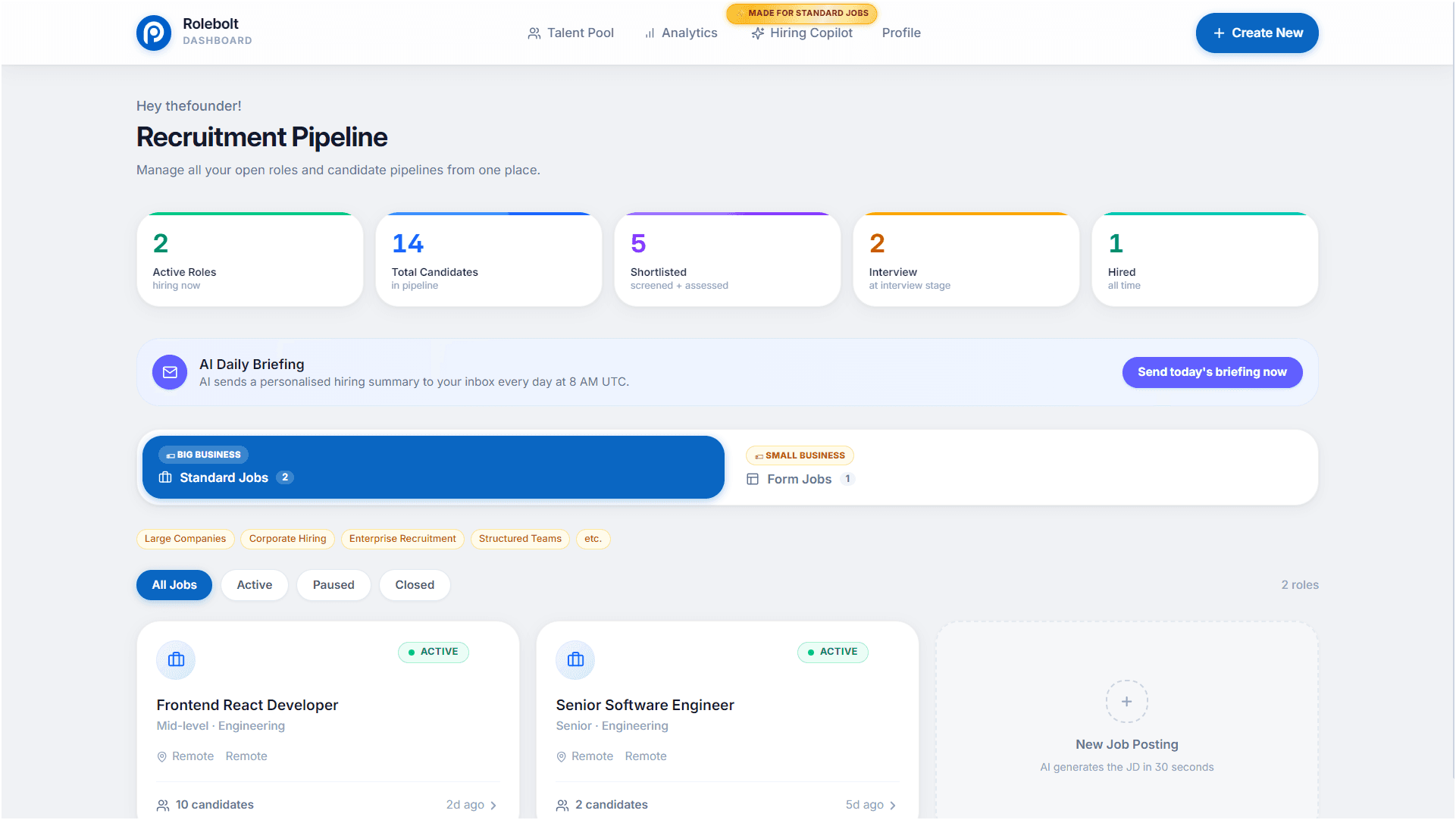 Rolebolt recruitment pipeline workspace showing active roles and candidate signals