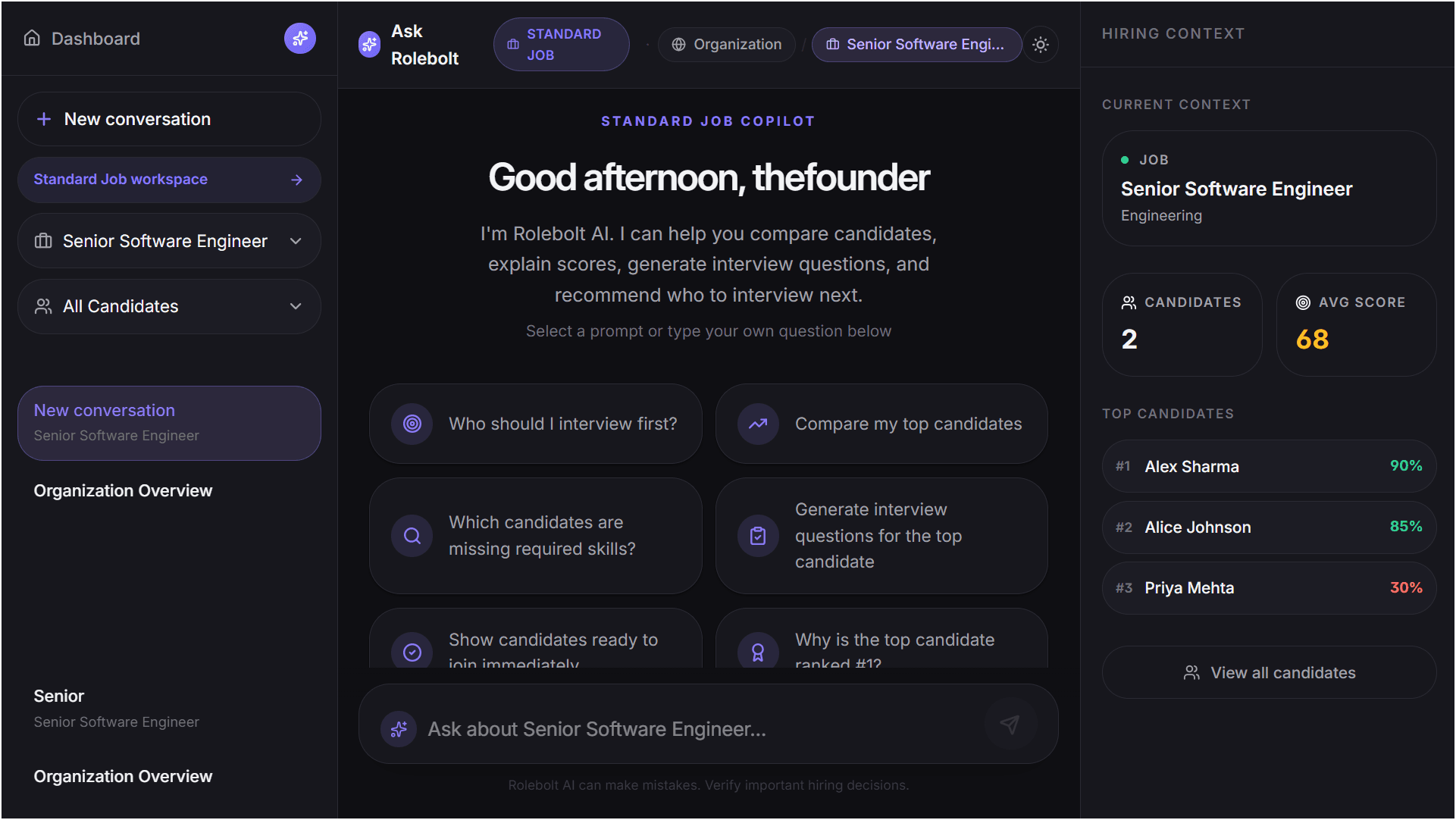 Rolebolt AI Copilot showing candidate context and prompts