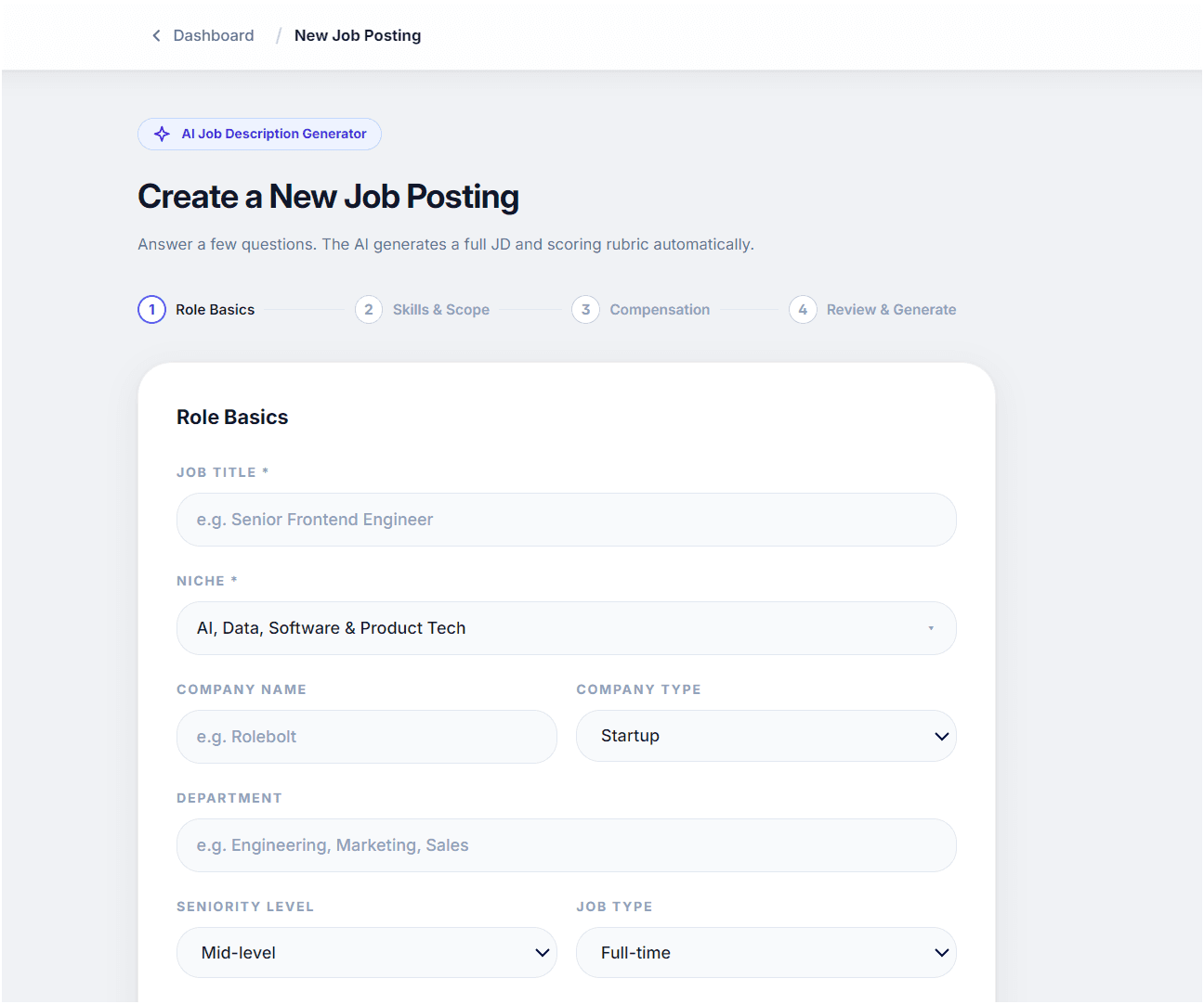 Rolebolt AI job posting generator and hiring workflow preview
